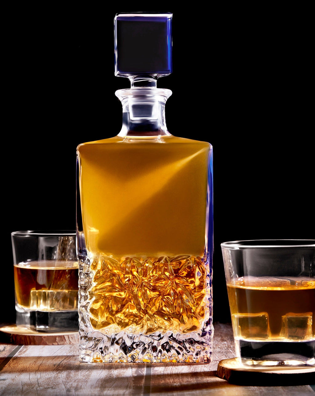 Rectangle decanter with whiskey rocks glasses