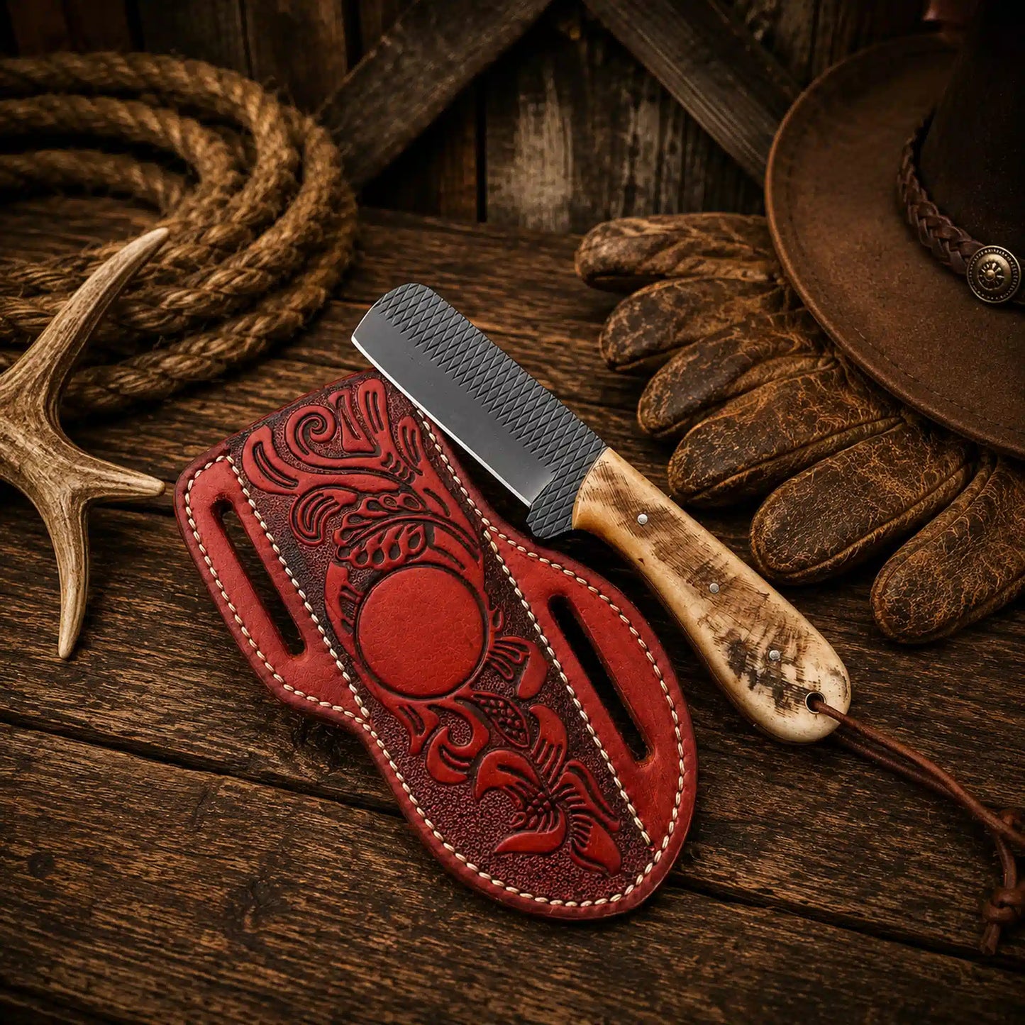 Cowboy Castrator Knife with Sheath – 3.25" Powder Coated Rasp Steel Blade & Ram Horn Handle