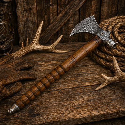 Handmade Damascus Steel Tomahawk Axe | Smokey Wood Throwing Hatchet