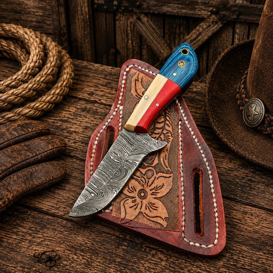 Texas Ranch Field Knife – Damascus Steel Blade with Back Belt Sheath