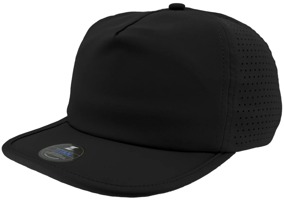 Custom Zapped Headwear Titan 5-Panel Crushable Hat in Black, ready for personalized logo or design