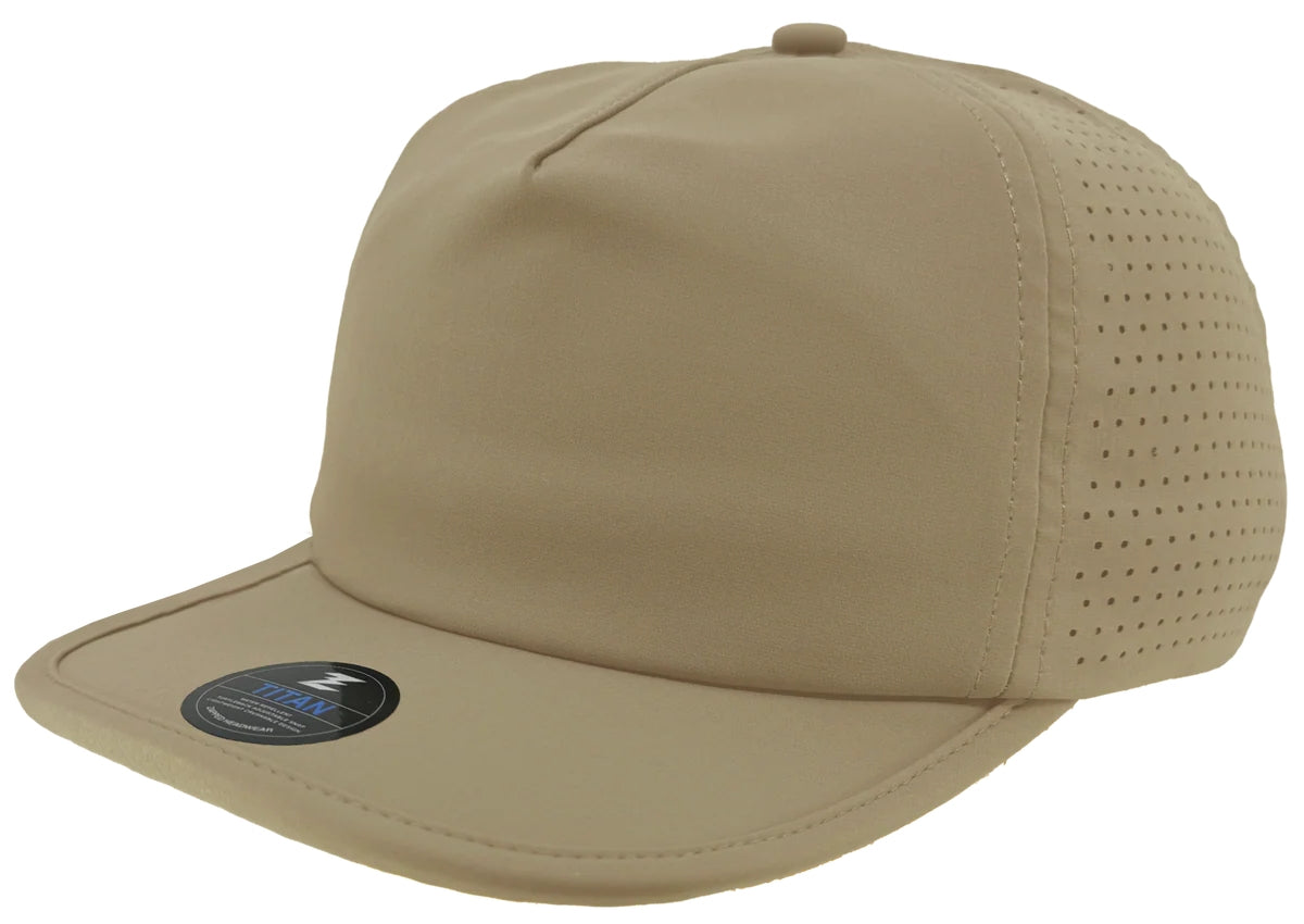 Custom Zapped Headwear Titan 5-Panel Crushable Hat in Khaki, ready for personalized logo or design