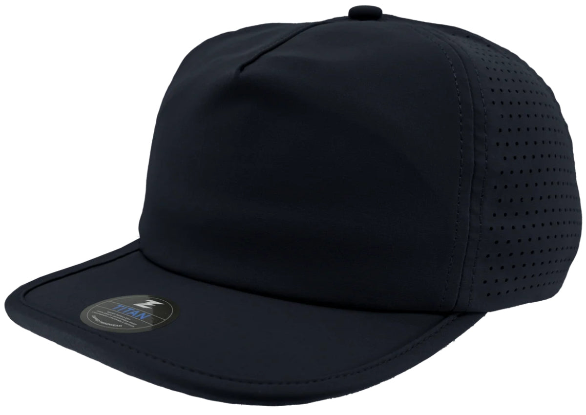 Custom Zapped Headwear Titan 5-Panel Crushable Hat in Navy, ready for personalized logo or design