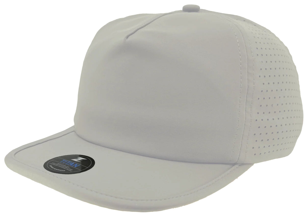 Custom Zapped Headwear Titan 5-Panel Crushable Hat in Silver, ready for personalized logo or design