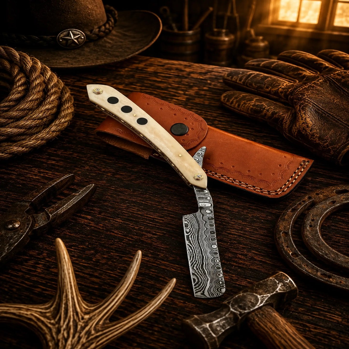 Old School Barber Straight Razor – Damascus Steel Folding Razor