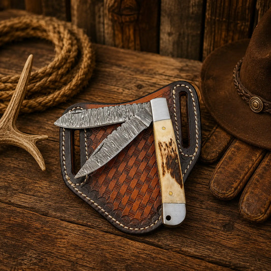 Trapper Pocket Knife – Damascus Two Blade Folding Knife with Antler Horn Handle