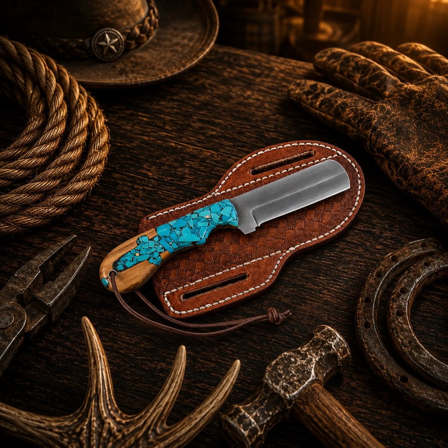The Turquoise Trail Bull Cutter – D2 Acid Wash Rancher Gift Knife