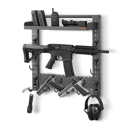 Gun Rack Wall Mount, Heavy Duty Steel, Indoor Rifle Shotgun Rack with J-Hooks, Additional Tray Storage, Gun Accessories Display Storage Holder, Hold Up to 3 Rifles or Shotguns, for Tactical Gear