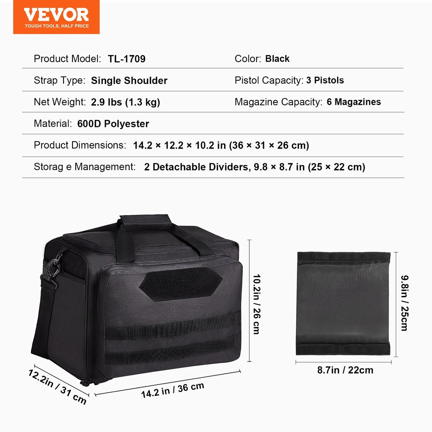 Range Bag for 3 Pistols, Tactical Gun Range Bag with 2 Detachable Baffles & 6 Magazines, Firearm Shooting Handgun Bag for Outdoor Hunting Pistol Bag with Single Shoulder Strip