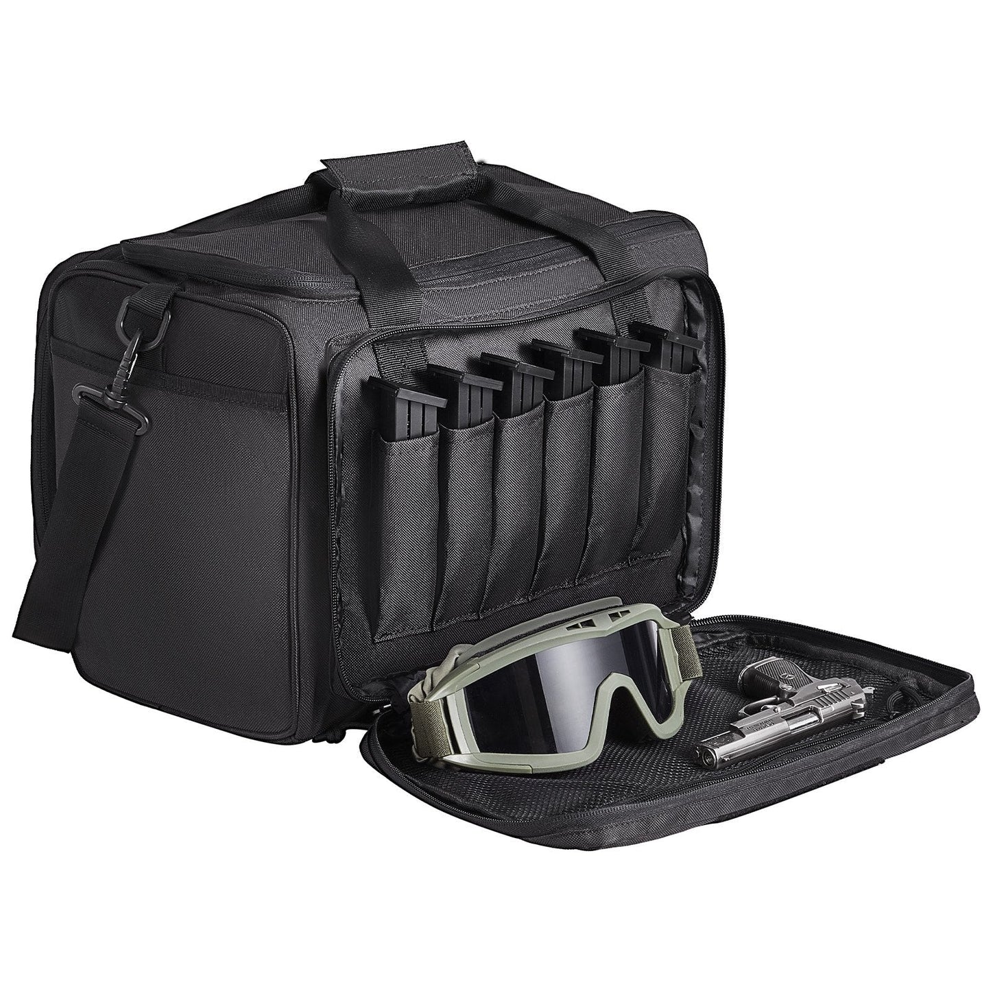 Range Bag for 3 Pistols, Tactical Gun Range Bag with 2 Detachable Baffles & 6 Magazines, Firearm Shooting Handgun Bag for Outdoor Hunting Pistol Bag with Single Shoulder Strip