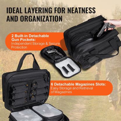 Range Bag for 2 Pistols, Tactical Gun Bag with 2 Built-in Removable Pistol Bags & 6 Detachable Magazines, Gun Range Bag for Outdoor Hunting Shooting, Lockable Carrying Handgun Bag Case