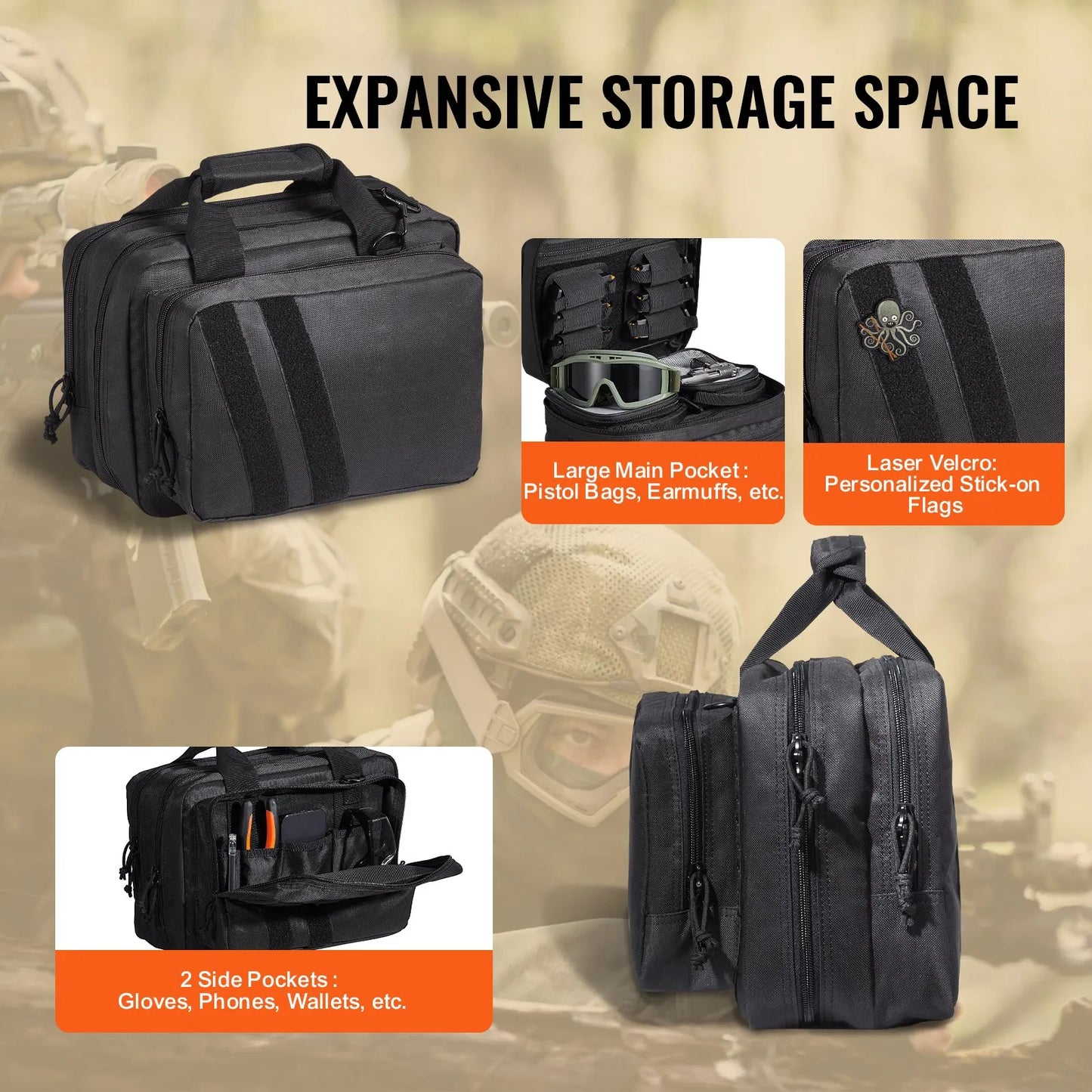 Range Bag for 2 Pistols, Tactical Gun Bag with 2 Built-in Removable Pistol Bags & 6 Detachable Magazines, Gun Range Bag for Outdoor Hunting Shooting, Lockable Carrying Handgun Bag Case