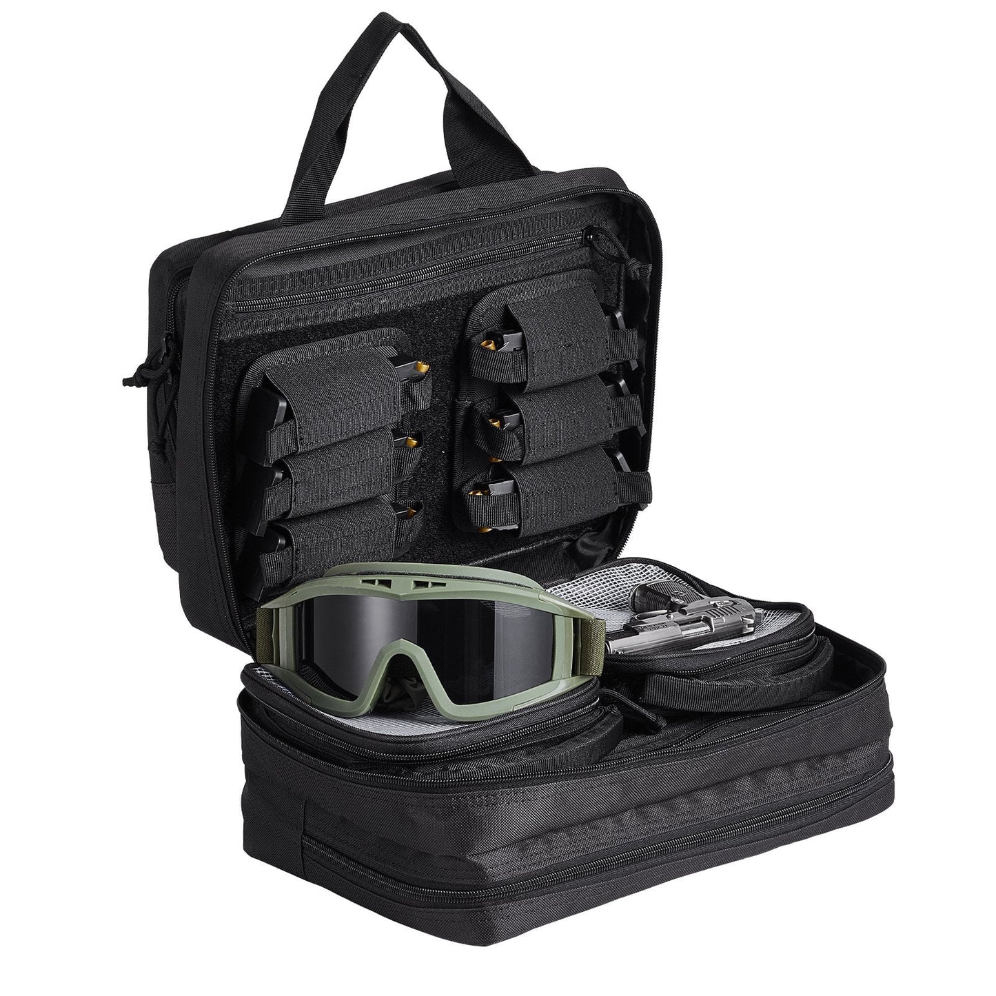 Range Bag for 2 Pistols, Tactical Gun Bag with 2 Built-in Removable Pistol Bags & 6 Detachable Magazines, Gun Range Bag for Outdoor Hunting Shooting, Lockable Carrying Handgun Bag Case