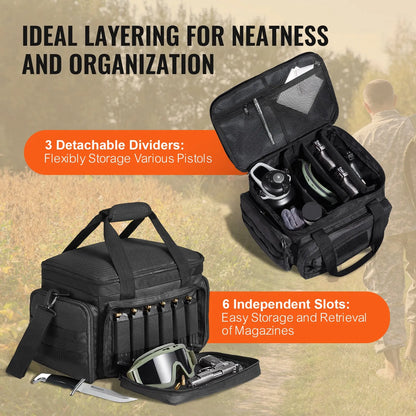 Range Bag for 4 Pistols, Tactical Gun Range Bag with 3 Detachable Baffles & 6 Magazines, Firearm Shooting Handgun Bag for Outdoor Hunting Shooting Pistol Bag with Single Shoulder Strip