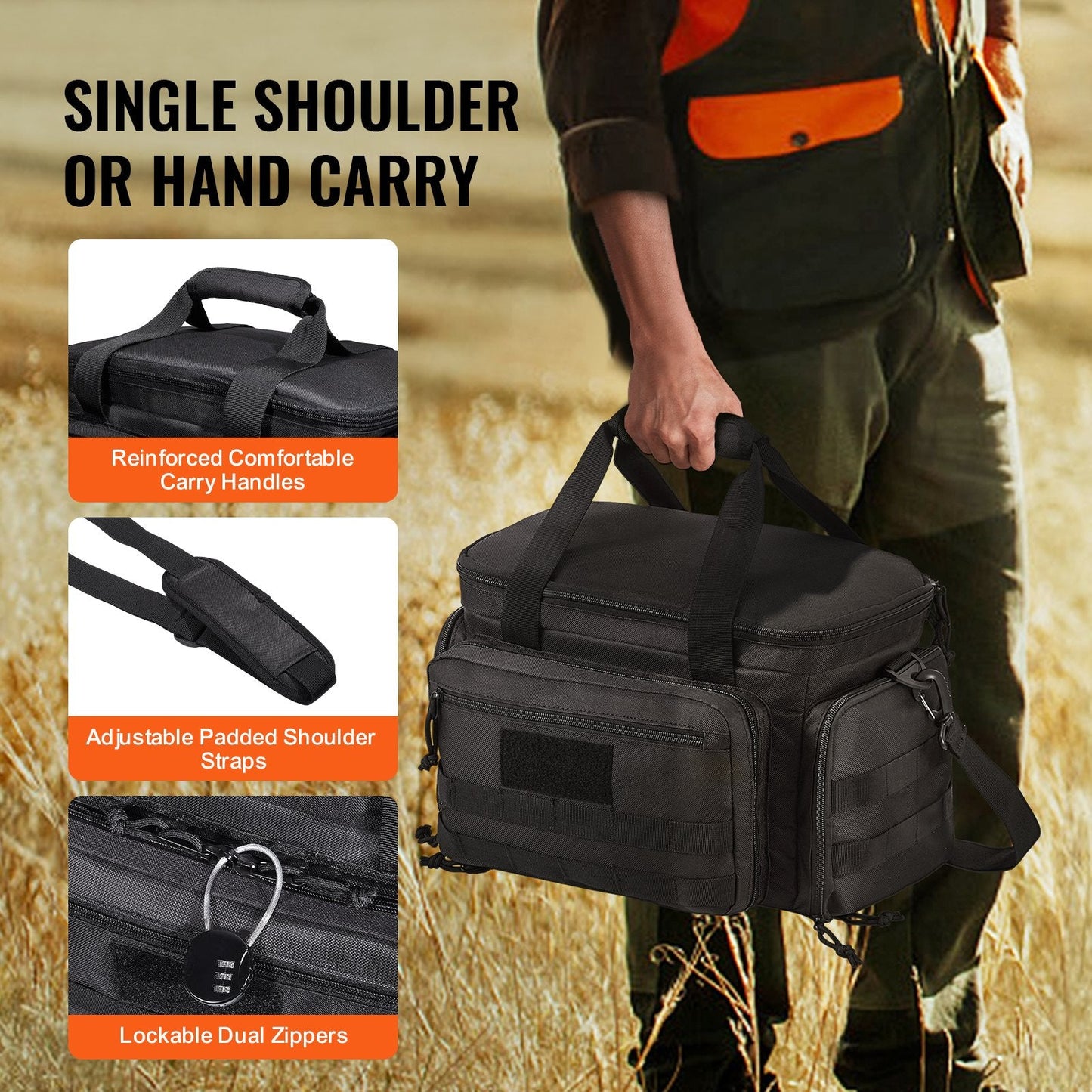 Range Bag for 4 Pistols, Tactical Gun Range Bag with 3 Detachable Baffles & 6 Magazines, Firearm Shooting Handgun Bag for Outdoor Hunting Shooting Pistol Bag with Single Shoulder Strip