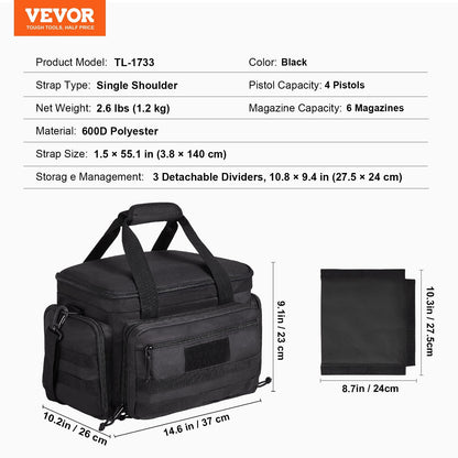 Range Bag for 4 Pistols, Tactical Gun Range Bag with 3 Detachable Baffles & 6 Magazines, Firearm Shooting Handgun Bag for Outdoor Hunting Shooting Pistol Bag with Single Shoulder Strip