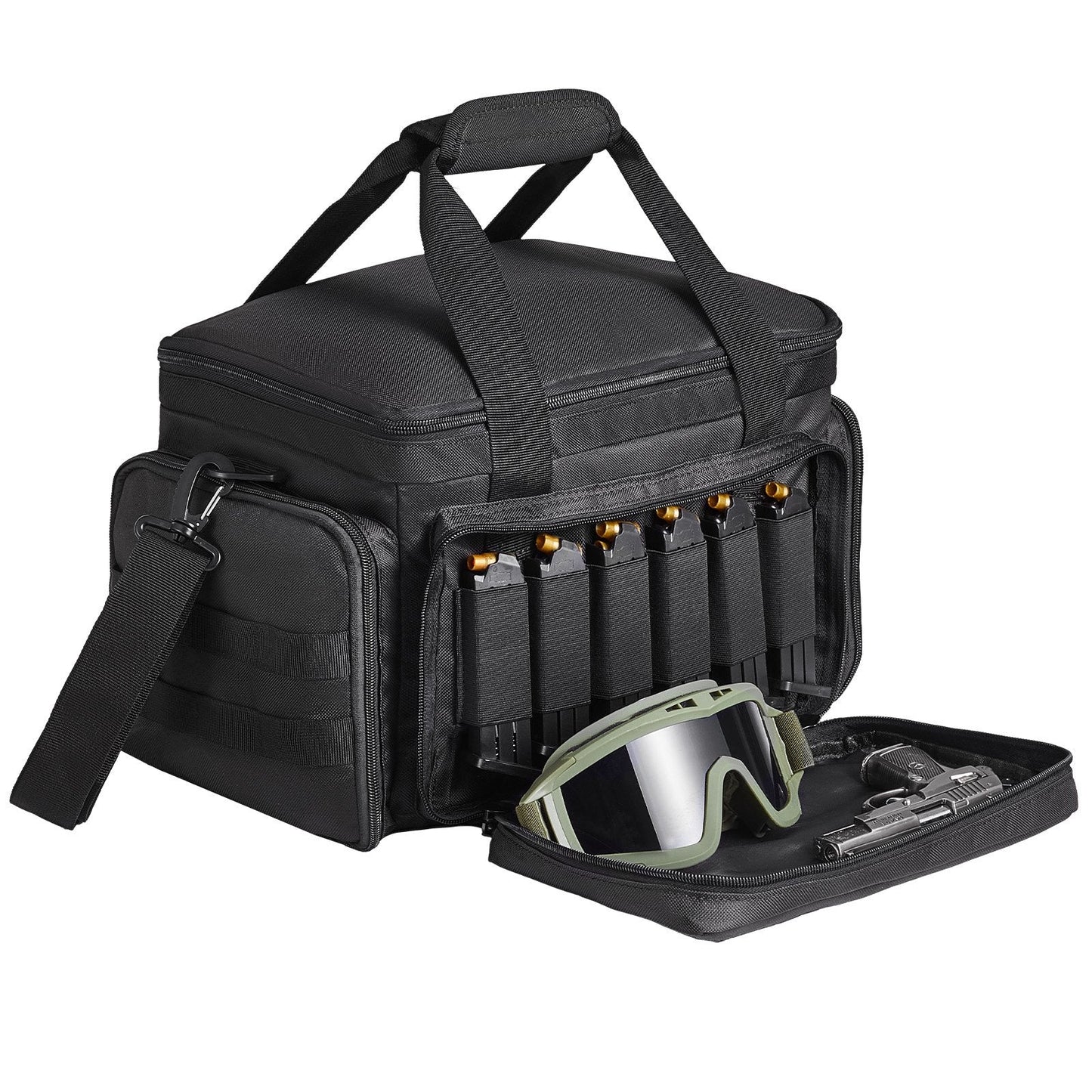 Range Bag for 4 Pistols, Tactical Gun Range Bag with 3 Detachable Baffles & 6 Magazines, Firearm Shooting Handgun Bag for Outdoor Hunting Shooting Pistol Bag with Single Shoulder Strip