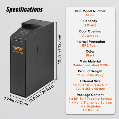 Mounted Gun Safe for Pistols, Biometric Gun Safe with Three Quick Access Ways of Fingerprints, Passwords and Keys, Handgun Safe for 1 Pistol for Home, Bedside, Nightstand, Wall