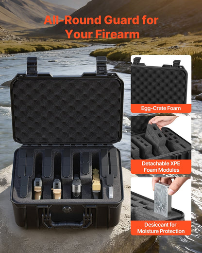 Hard Pistol Case, Heavy Duty Hard Gun Case with XPE Foam Lining, Waterproof Pistol Storage Box with Customizable Interior & Handle for Gun, Lenses, Camera, Gear, TSA Compliant, 15.9x12.5x7.5 in