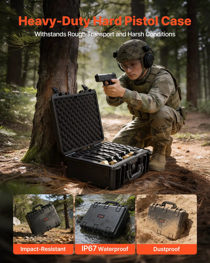 Hard Pistol Case, Heavy Duty Hard Gun Case with XPE Foam Lining, Waterproof Pistol Storage Box with Customizable Interior & Handle for Gun, Lenses, Camera, Gear, TSA Compliant, 18.7x12.5x7.5 in