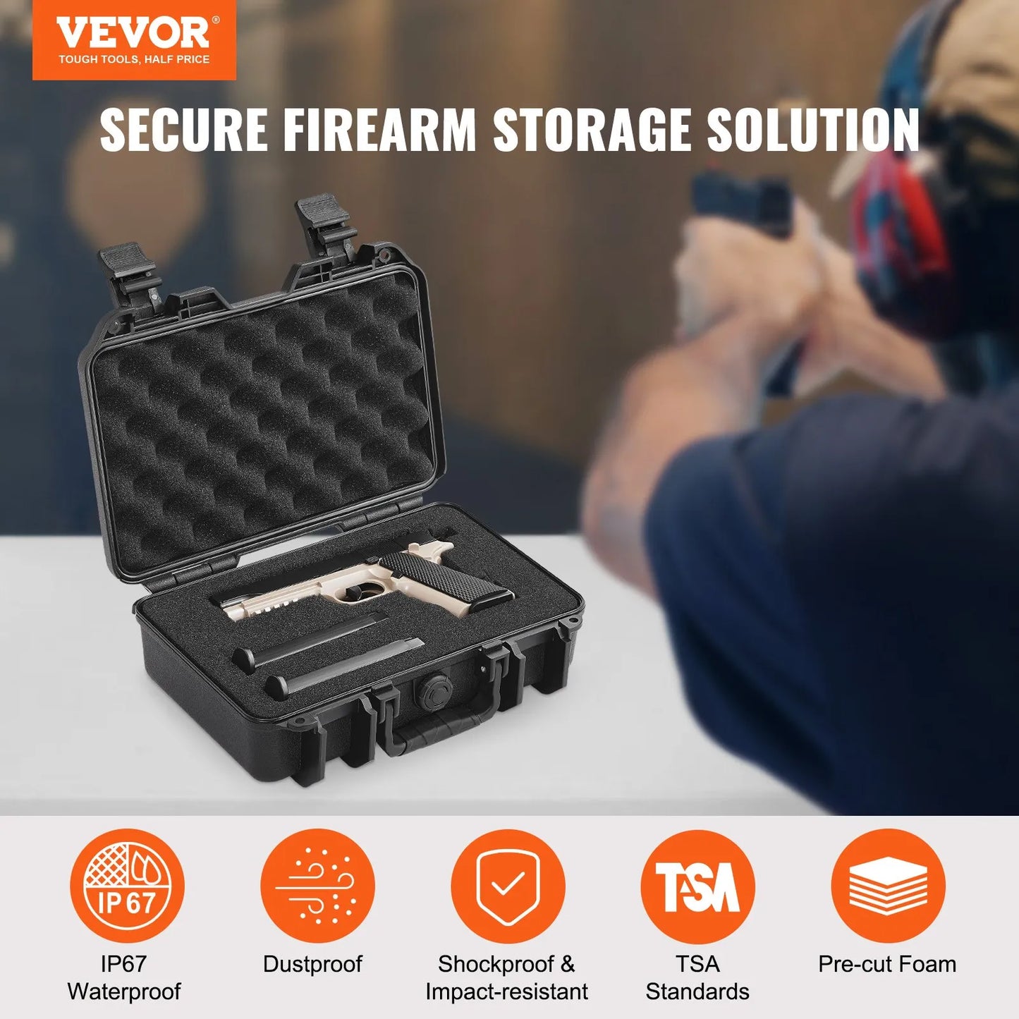 Hard Pistol Cases with Pre-cut PU Foam, Waterproof & Dustproof Hard Gun Case for 1 Pistol, 12.59×9.01×4.4 in Lockable Pistol Case, Black