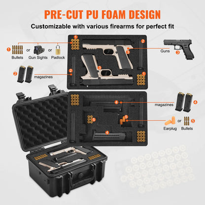 Hard Pistol Cases with Pre-cut PU Foam, Waterproof & Dustproof Hard Gun Case for 2 Pistol, 14.1×11.5×7.6 in Lockable Pistol Case, Black