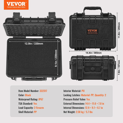 Hard Pistol Cases with Pre-cut PU Foam, Waterproof & Dustproof Hard Gun Case for 2 Pistol, 14.1×11.5×7.6 in Lockable Pistol Case, Black