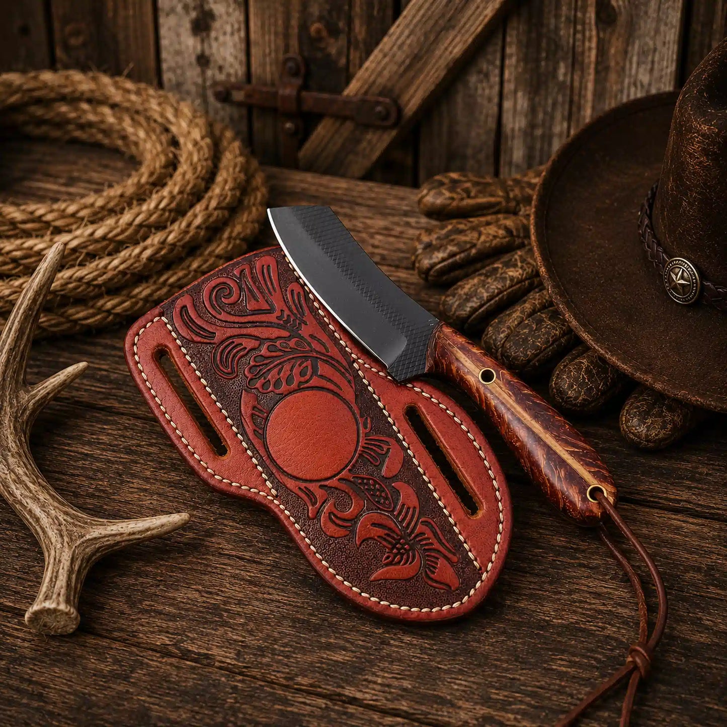 Utility Ranch Ready Knife with Sheath – 3.75" D2 Rasp Steel & Pine Cone Handle