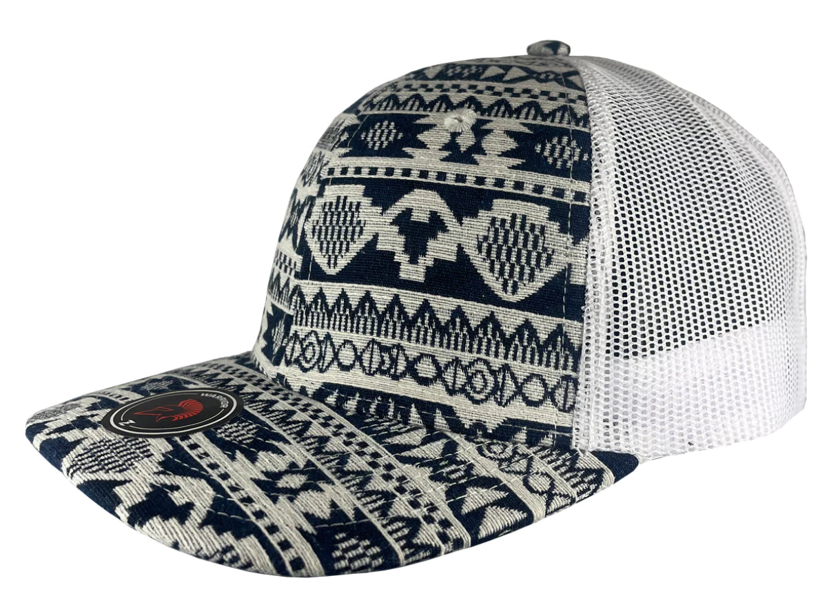 Custom Zapped Headwear Warrior Camo Trucker Snapback Hat in Blue Aztec/White, ready for personalized logo or design