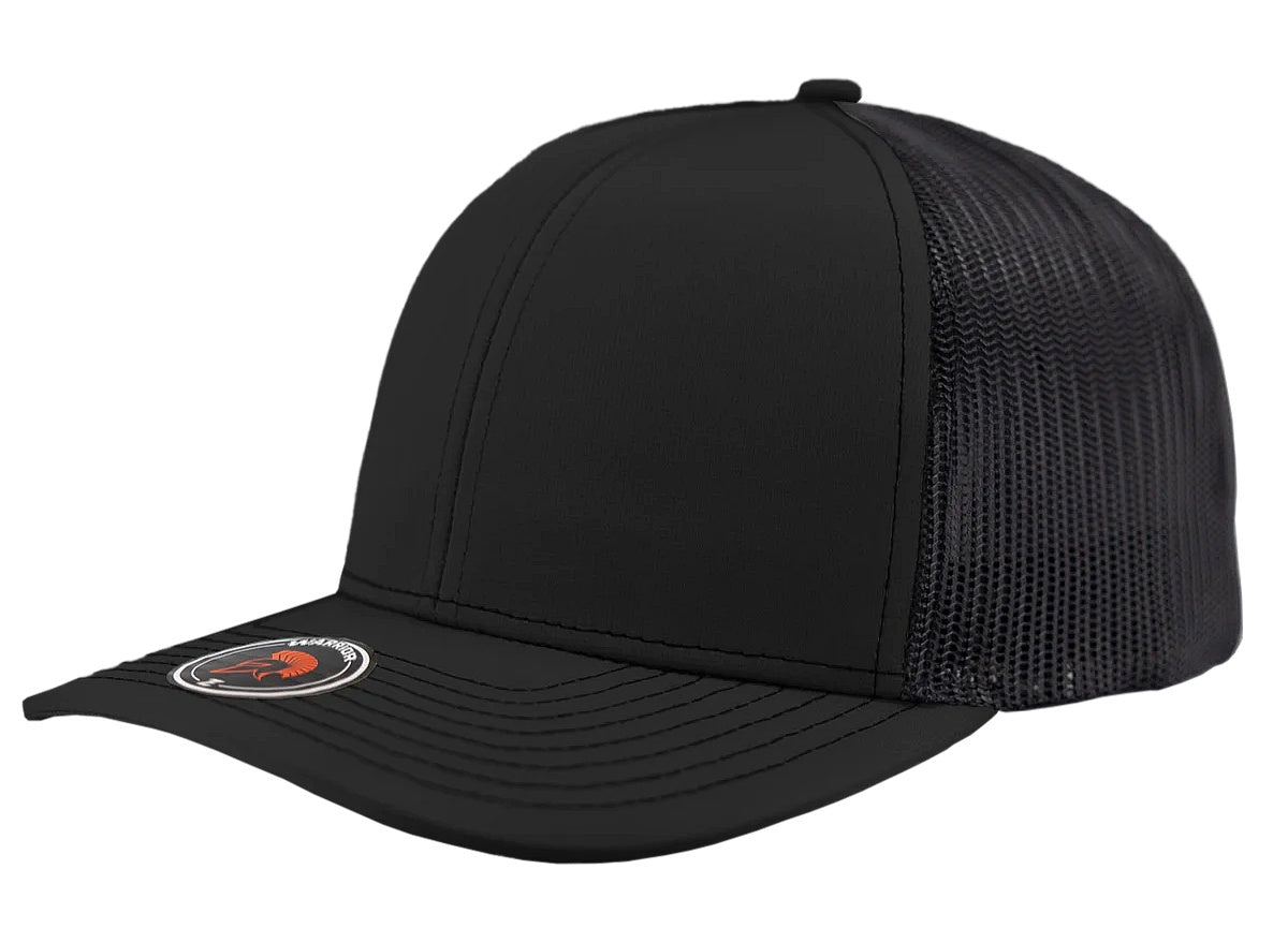 Custom Zapped Headwear Warrior Camo Trucker Snapback Hat in Black, ready for personalized logo or design