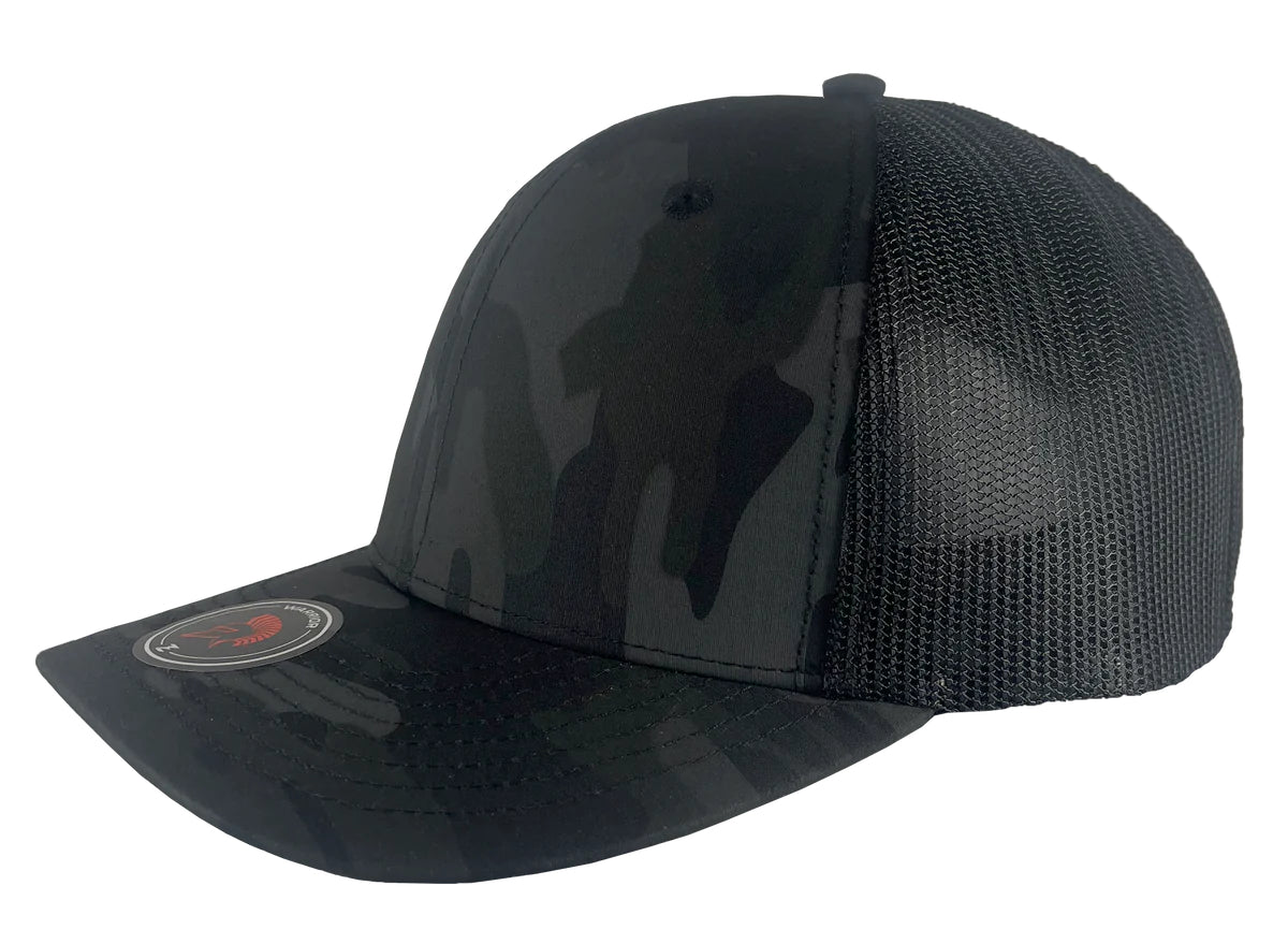 Custom Zapped Headwear Warrior Camo Trucker Snapback Hat in Black Camo/Black, ready for personalized logo or design