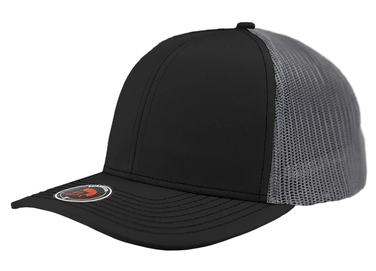 Custom Zapped Headwear Warrior Camo Trucker Snapback Hat in Black/Charcoal, ready for personalized logo or design
