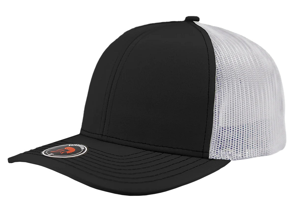 Custom Zapped Headwear Warrior Camo Trucker Snapback Hat in Black/White, ready for personalized logo or design