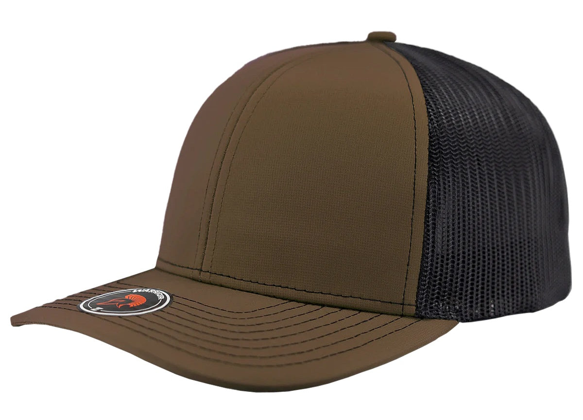 Custom Zapped Headwear Warrior Camo Trucker Snapback Hat in Brown/Black, ready for personalized logo or design