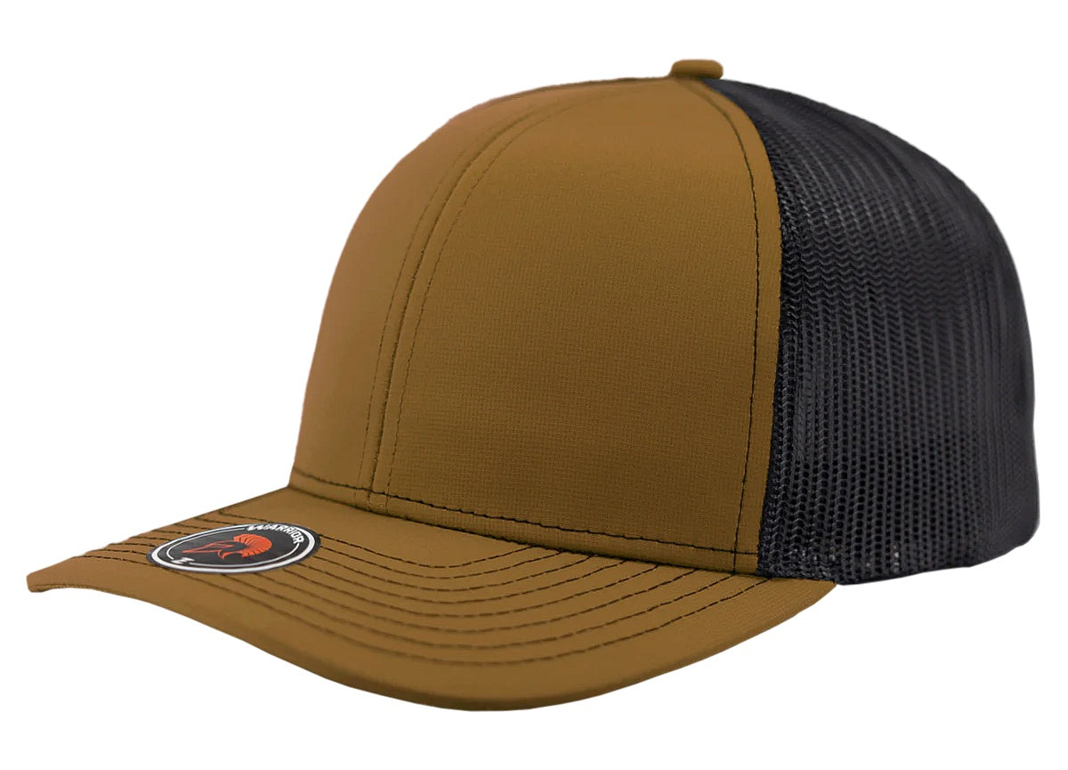 Custom Zapped Headwear Warrior Camo Trucker Snapback Hat in Caramel/Black, ready for personalized logo or design