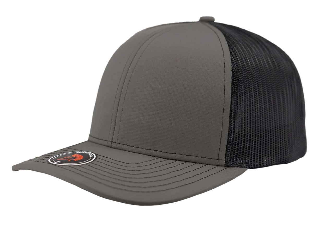 Custom Zapped Headwear Warrior Camo Trucker Snapback Hat in Light Charcoal/Black, ready for personalized logo or design