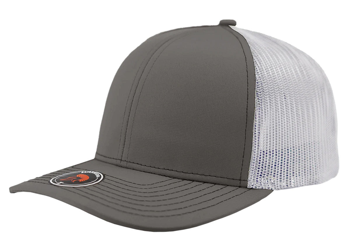 Custom Zapped Headwear Warrior Camo Trucker Snapback Hat in Light Charcoal/White, ready for personalized logo or design