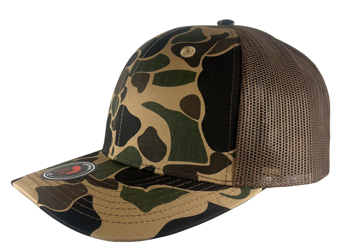 Custom Zapped Headwear Warrior Camo Trucker Snapback Hat in Old School Camo/Brown, ready for personalized logo or design