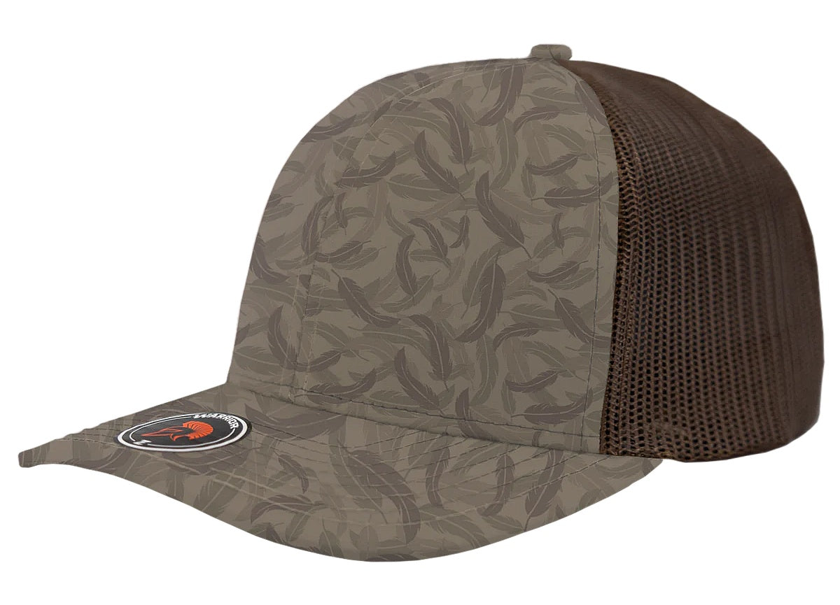 Custom Zapped Headwear Warrior Camo Trucker Snapback Hat in Feather/Brown, ready for personalized logo or design