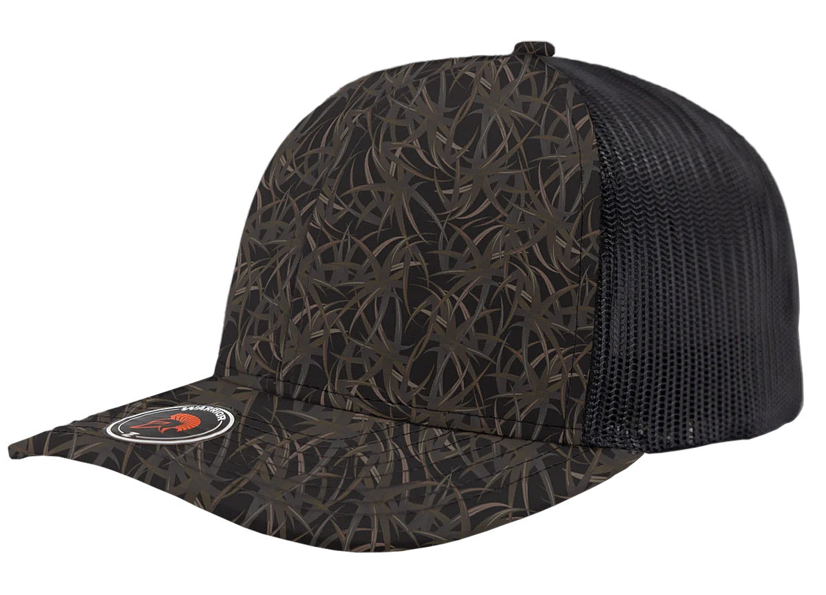 Custom Zapped Headwear Warrior Camo Trucker Snapback Hat in Wild Grass/Black, ready for personalized logo or design