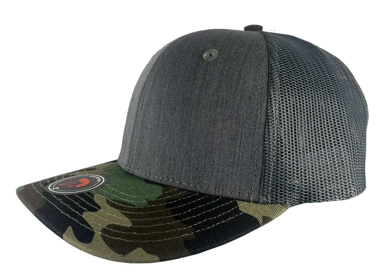Custom Zapped Headwear Warrior Camo Trucker Snapback Hat in Heather Grey/Camo Bill, ready for personalized logo or design