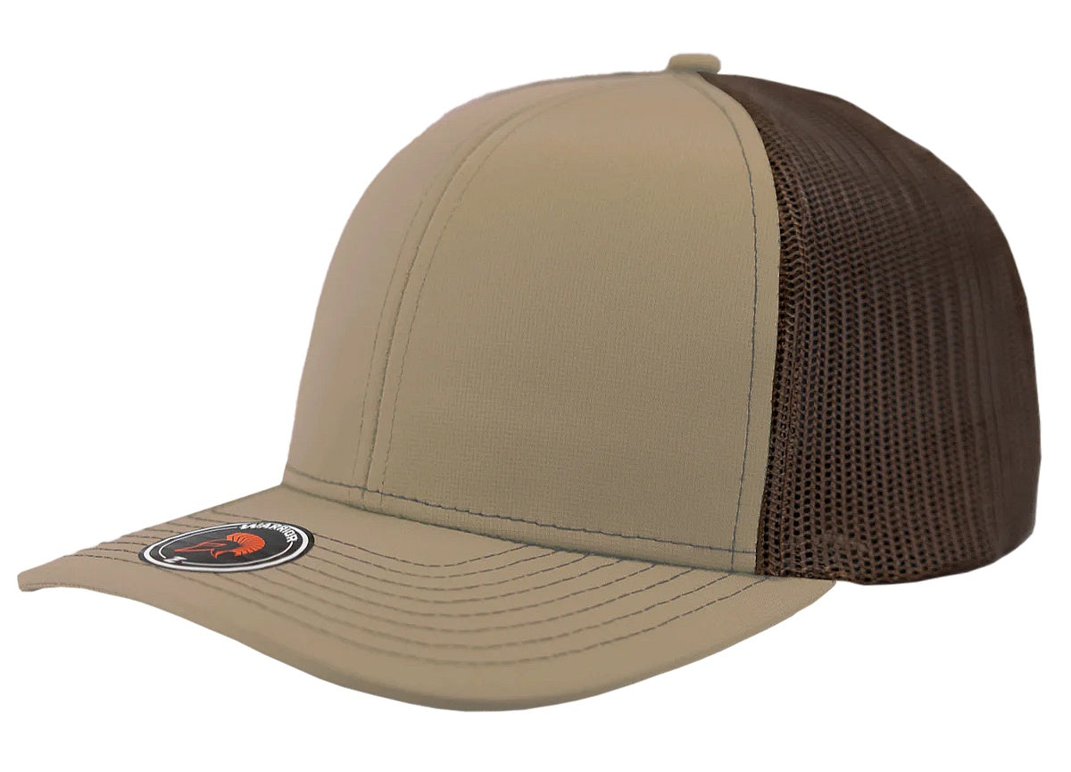 Custom Zapped Headwear Warrior Camo Trucker Snapback Hat in Khaki/Brown, ready for personalized logo or design
