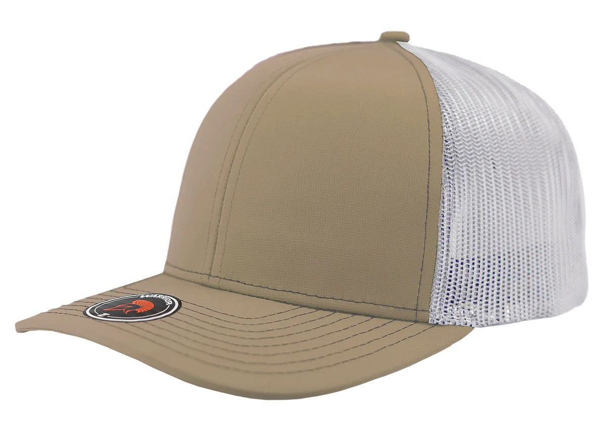 Custom Zapped Headwear Warrior Camo Trucker Snapback Hat in Khaki/White, ready for personalized logo or design