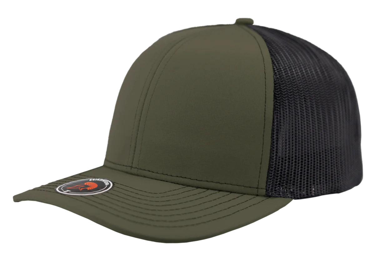 Custom Zapped Headwear Warrior Camo Trucker Snapback Hat in Loden/Black, ready for personalized logo or design