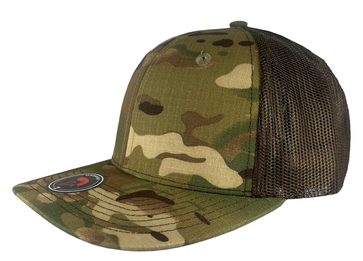 Custom Zapped Headwear Warrior Camo Trucker Snapback Hat in Multicam/Brown, ready for personalized logo or design