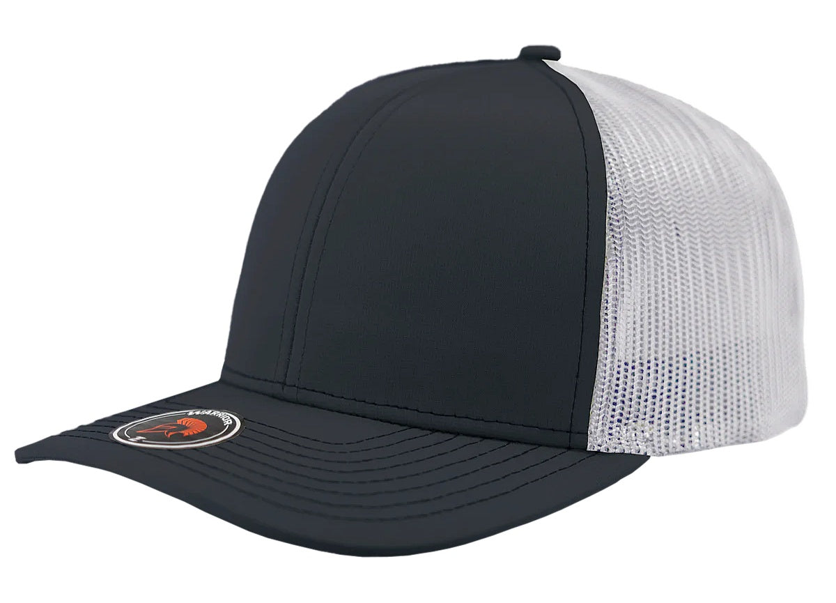 Custom Zapped Headwear Warrior Camo Trucker Snapback Hat in Navy/White, ready for personalized logo or design