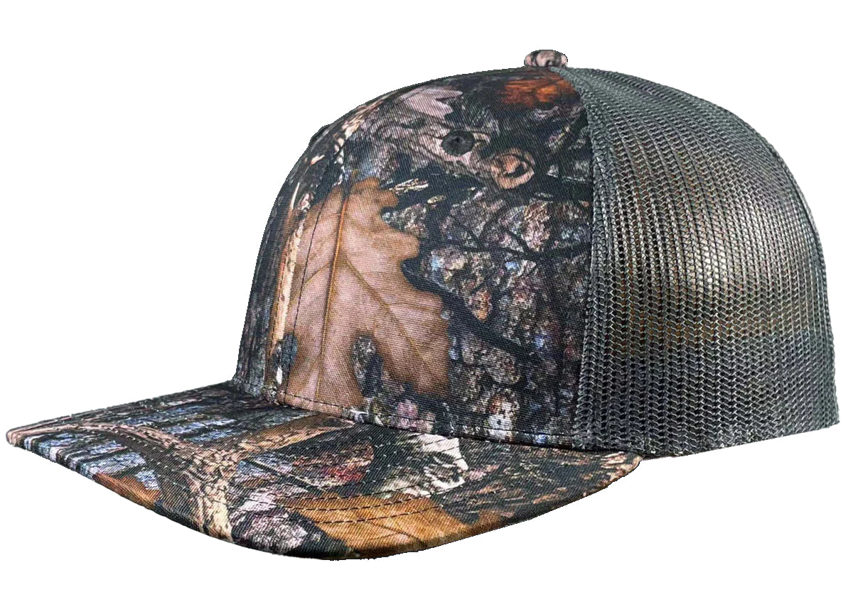 Custom Zapped Headwear Warrior Camo Trucker Snapback Hat in Oak Camo/Grey, ready for personalized logo or design