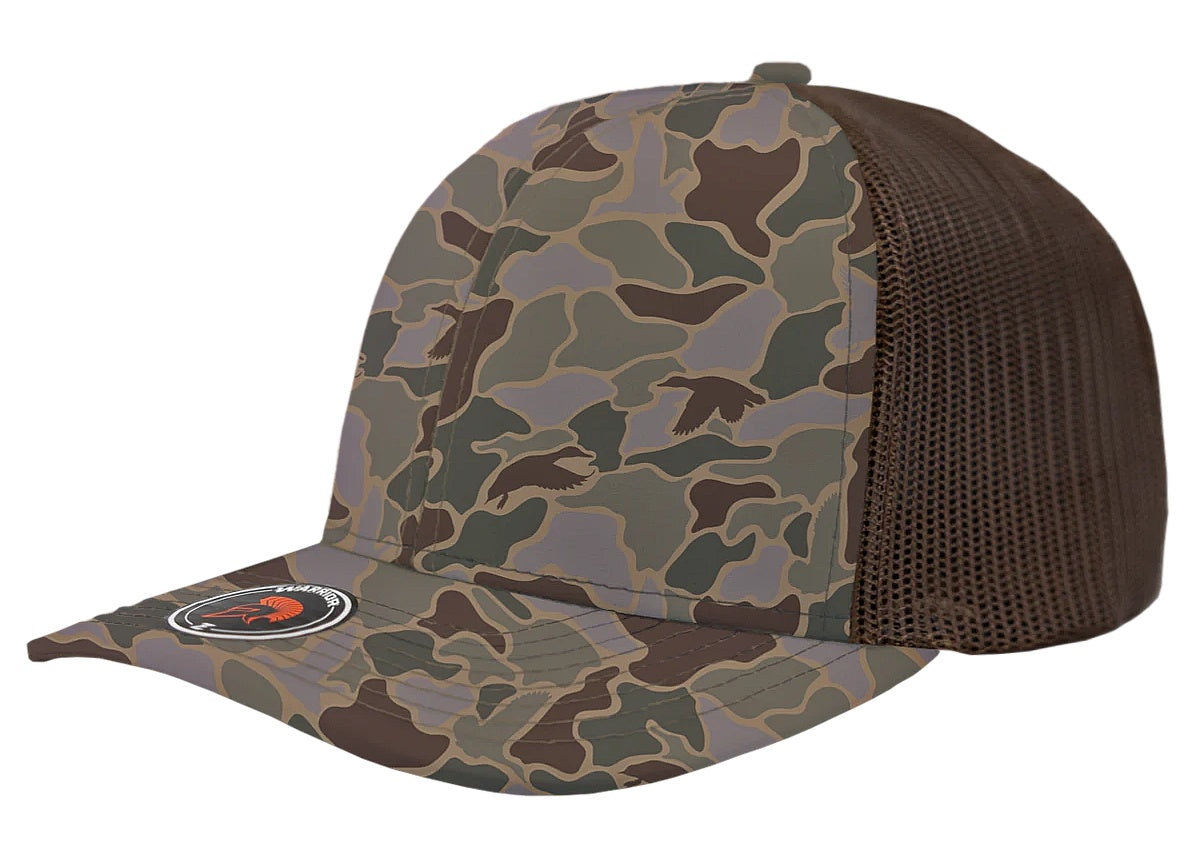 Custom Zapped Headwear Warrior Camo Trucker Snapback Hat in Old School Camo Duck/Brown, ready for personalized logo or design