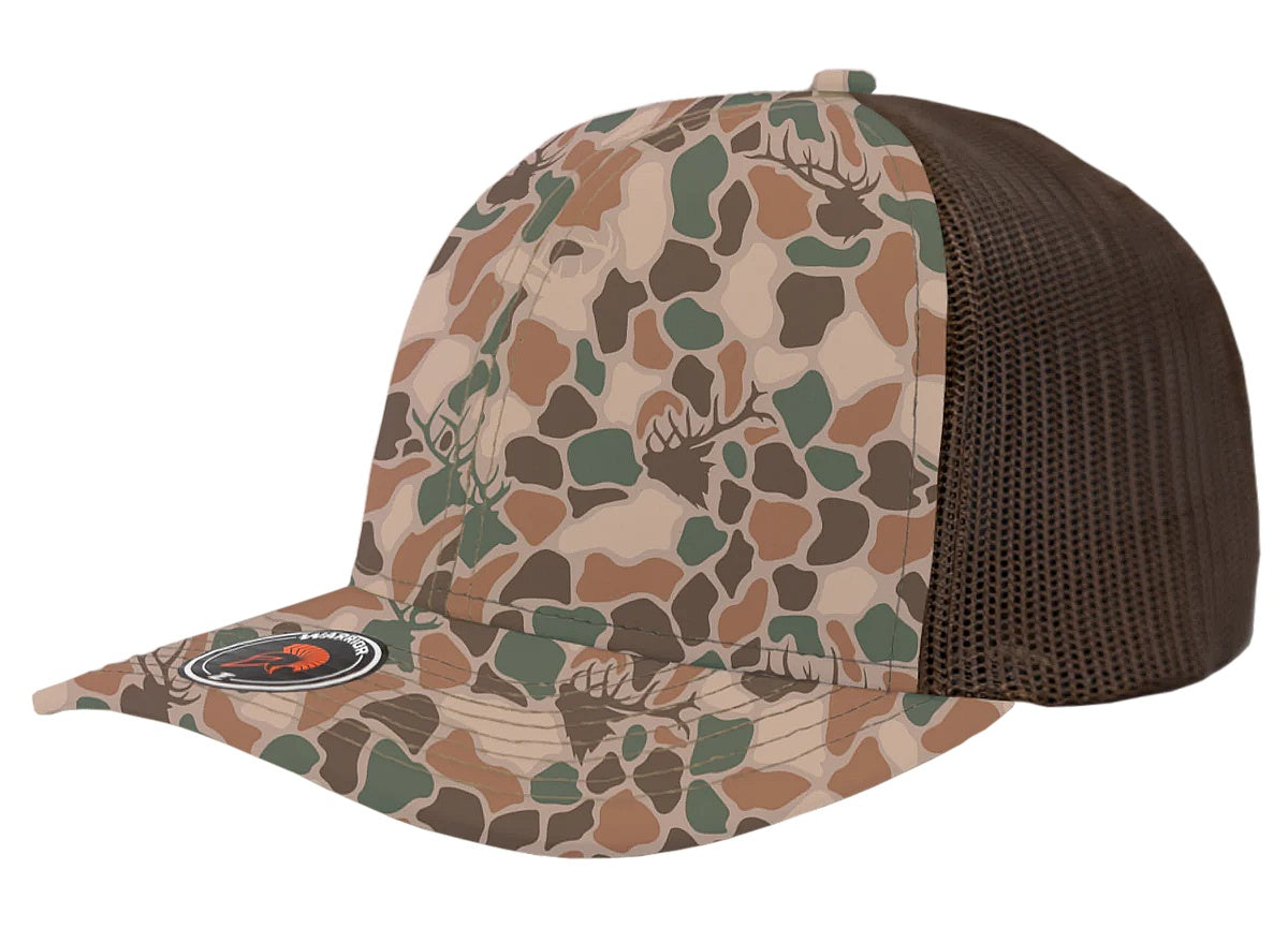 Custom Zapped Headwear Warrior Camo Trucker Snapback Hat in Old School Camo Elk/Brown, ready for personalized logo or design