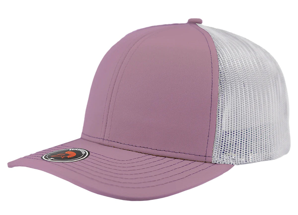 Custom Zapped Headwear Warrior Camo Trucker Snapback Hat in Pink/White, ready for personalized logo or design